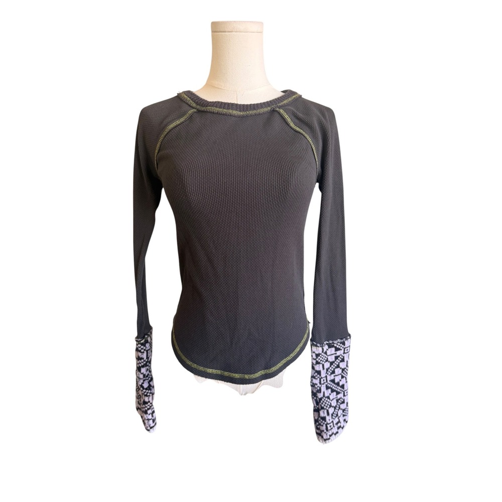 Free People Gray Waffle Knit Thermal Fair Isle Cuff Contrast Stitch Top S